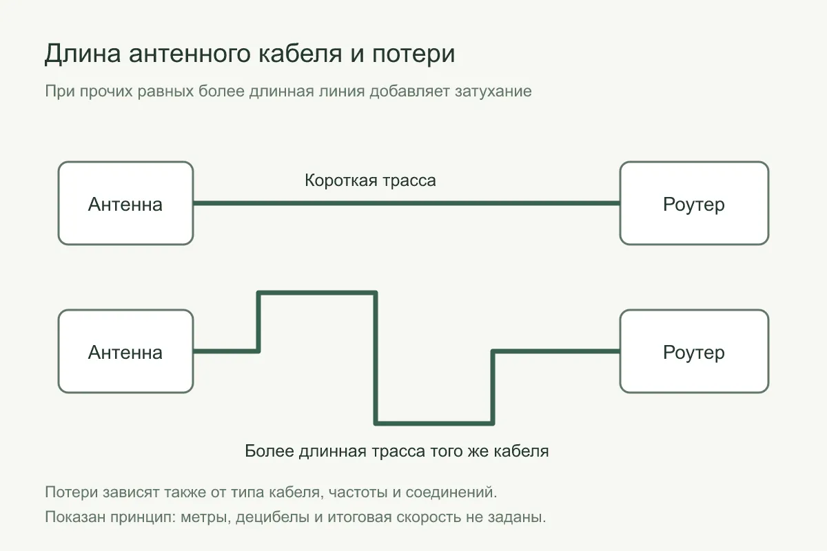 Схема: антенна и роутер, соединённые короткой и более длинной трассой одного и того же кабеля