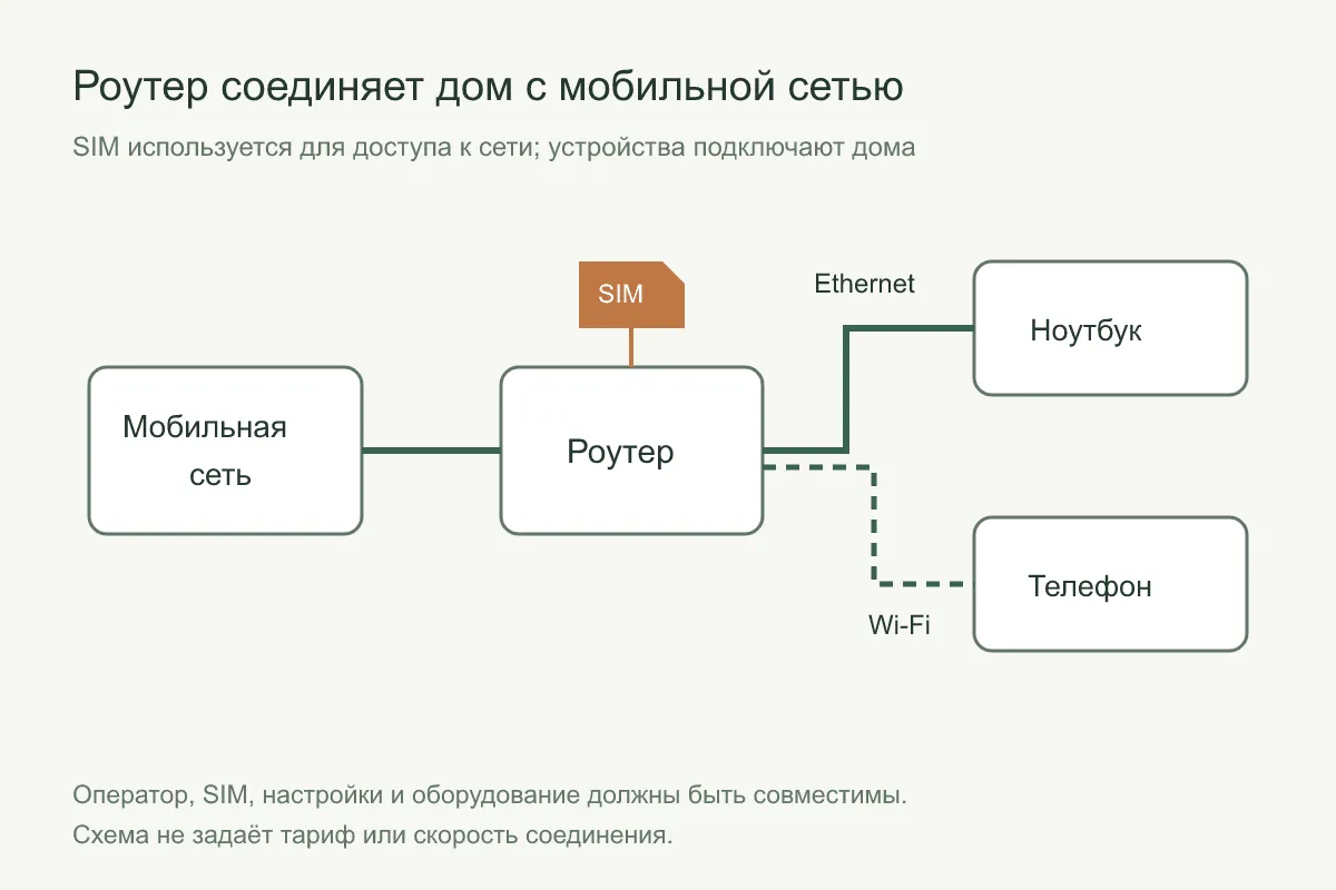 Схема: мобильная сеть, роутер с SIM-картой, ноутбук по кабелю Ethernet и телефон по Wi-Fi