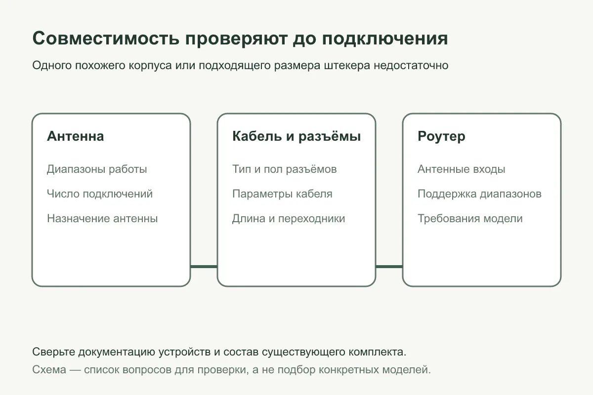 Схема трёх звеньев для проверки совместимости: антенна, кабель с разъёмами и роутер